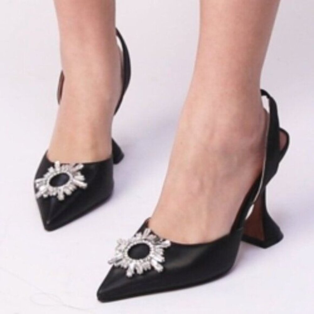 MICXKLZO Black Slingback Pointed Toe High Heels Slip On Heeled Sandals Shoes